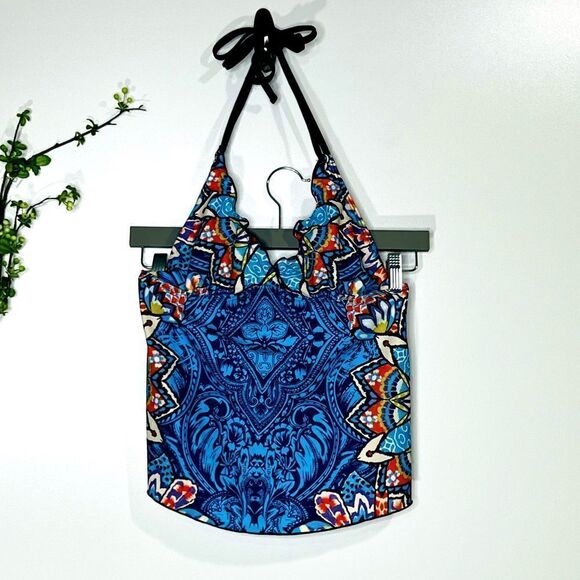 Tropical Tie Back Tankini Swim Top Blue Orange - Picture 1 of 7